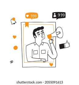 Social Media Networking Concept. Man with Megaphone at Smartphone Screen, Broadcasting, Streaming Video Post, Blogger Character. Cartoon hand drawn Vector Illustration