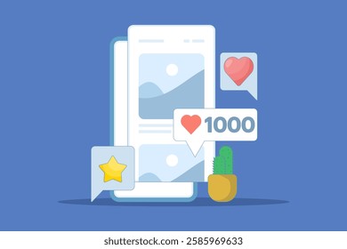 Social media networking concept. Sharing photos and images online with a list of comments such as mobile phone applications, social networking blog followers, or article posting activities.