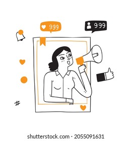 Social Media Networking Concept. Woman with Megaphone at Smartphone Screen, Broadcasting, Streaming Video Post, Blogger Character. Cartoon hand drawn Vector Illustration