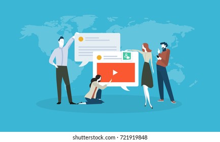 Concepto de diseño plano de redes y medios sociales. Ilustración vectorial para banner web y móvil, material publicitario.