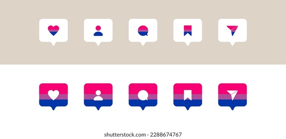 Social media networking icons in Bisexual pride flag colors. Like, follower and comment button, icon, symbol, ui, app, web