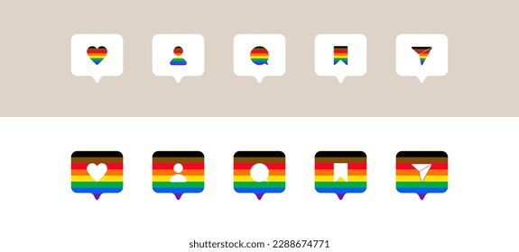 Social media networking icons in The Philly pride flag colors. Like, follower and comment button, icon, symbol, ui, app, web