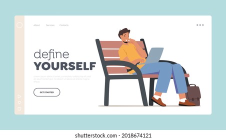Social Media Networking Landing Page Template. Young Man Sitting on Bench in Park with Laptop in Hands Work or Communicating Online in Internet. Student Learn Classes. Cartoon Vector Illustration.