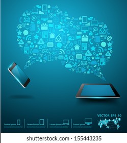 Social media networking, Mobile phones with tablet computer of application icon, Creative speech bubble of technology business software idea concept, Vector illustration modern layout template design