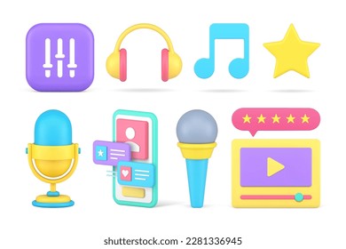 Social media networking multimedia content cyberspace creating set 3d icon realistic vector illustration. Blogging vlogging influencer internet communication digital audio video technology application
