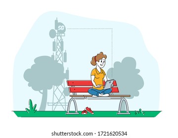 Social Media Networking Technology. Young Woman Character Sitting on Bench with Tablet in Hands Communicating Online and Watching HD Tv Programs Use High-speed 5G Internet. Linear Vector Illustration