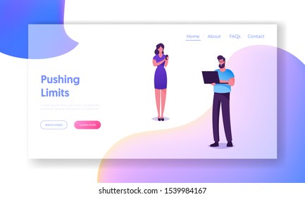 Social Media Networking Website Landing Page. Young Man and Woman with Laptop and Smartphone in Hand Communicating Online in Internet. People Chatting Web Page Banner. Cartoon Flat Vector Illustration