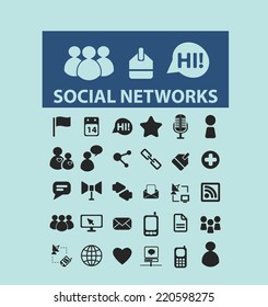 social media networks, blog, community, user icons, signs, illustrations, silhouettes set, vector on blue background