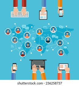 social media networks and communication concept flat design illustration. hands holding and using computer keyboard tablet laptop smart phone and set of people avatars and icons