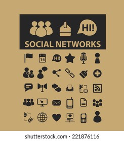 social media, networks, community icons, signs, silhouettes, illustrations set, vector