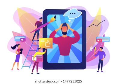 Social media networks content creating and sharing. Online communication. Internet meme, meme culture trends, best viral content production concept. Bright vibrant violet vector isolated illustration