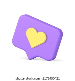 Social media networks like alert cyberspace quick tips button notification template design realistic 3d icon vector illustration. Internet mobile dating application notice purple speech bubble heart