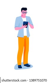 Social media, networks. Man is using tablet computer, smartphone. Chatting via internet, watching videos. Flat vector illustration isolated on white