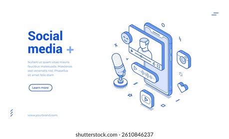 Social media networks marketing making money via internet isometric monochrome web banner vector illustration. Video content online blog vlog podcast follow subscribe smartphone app landing page