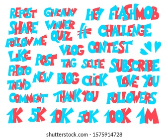 Social media networks phrases and words set. Collection of hand drawn typography elements for bloggers and influencers. Stylized text for decoration key opinion leaders content. Vector illustration. 