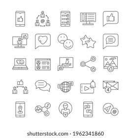 Social media and networks related vector line icons. Containing such icons as rating, profile page, social links and others. Editable Stroke. Set of outline black and white icons isolated on white