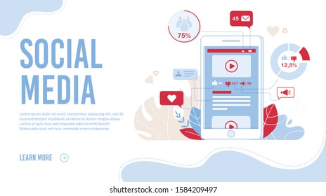 Social Media Networks Thematic Flat Landing Page with Editable Text Information. Smartphone Screen with Likes and Subscribers Statistics. Promotional Materials, Marketing. Vector Cartoon Illustration