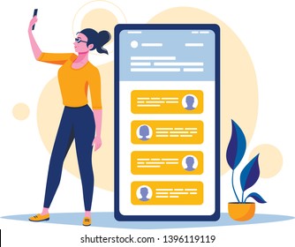 Social media, networks. Woman is taking selfie. Using smartphone. Flat concept vector illustration for web, landing page, banner. Isolated on white