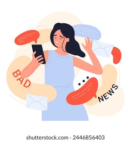 Social media news doomscrolling. Online internet doomsurfing, reading bad news flat vector illustration