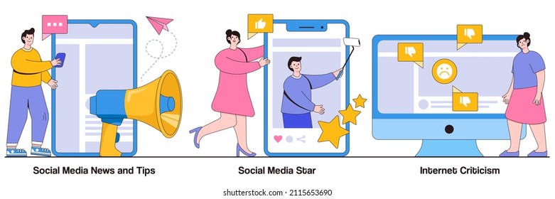 Social media news and tips, social media star, internet criticism concept with tiny people. Set of digital content, influencer, personal blog, hate speech, comments and share, fake profile.