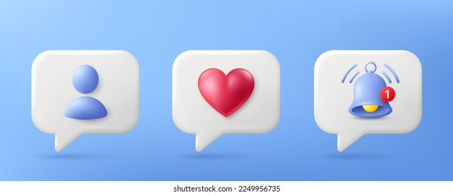 Social media notification 3d icons. Like, friend request and reminder speech bubble. Chat message notification alert, friend profile page and love emotion. 3d like chat bubble. Vector illustration