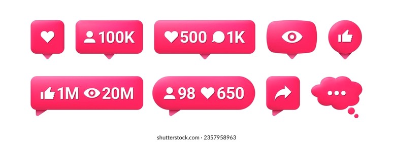 Social Media-Benachrichtigung. 3D-rote Sprach-Blase-Schaltflächen mit Herz, Kommentar und Benutzer, Anhänger und Ansicht-Symbole. Einziger Ui-Internet-Interface-Vektorset. Eingabe der Textnachricht, angezeigtes Symbol