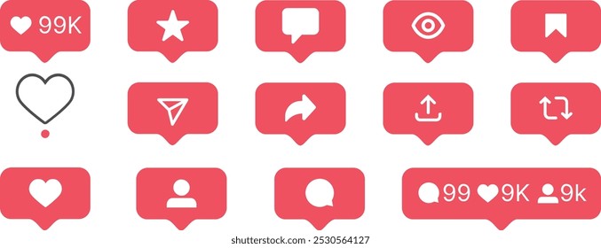 Conjunto de ícones planos de bolha de notificação de mídia social. Como, comentário, seguidor e botões de visualização.