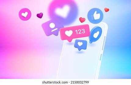Social media notification bubbles flying to the screen of modern smartphone. 3d vector illustration
