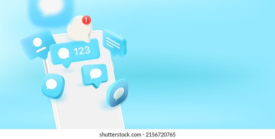 Burbujas de notificación de medios sociales volando a la pantalla de un smartphone moderno. Banner vectorial 3d con espacio de copia