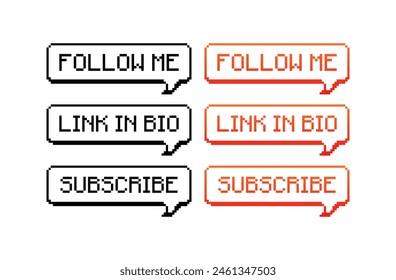 Social media notification bubbles. Follow me, link in bio, subscribe speech bubbles. Linear and flat style. Vector icons