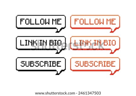 Social media notification bubbles. Follow me, link in bio, subscribe speech bubbles. Linear and flat style. Vector icons
