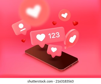 Las notificaciones de los medios sociales burbuja con corazones volando hacia el smartphone moderno. 3.ᵉʳ concepto vectorial