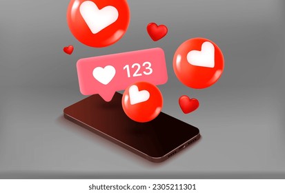 Social media notification bubbles with hearts and smartphone. 3d vector concept