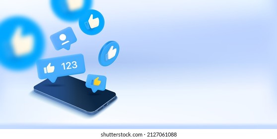 Social media notification bubbles with thumbs up symbols and mobile phone. 3d vector banner with copy space