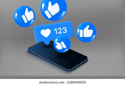 Social Media-Benachrichtigungen Blasen mit Daumen hoch und Smartphone. 3D-Vektorkonzept