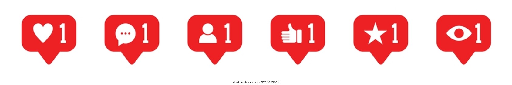 Social media notification flat icon vector collection. Like, heart, love, message, follower, add friend, favorite, and see notification sign button. Instagram notification button symbol