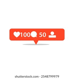 Social media notification flat icons set. blue and red color, Like, comment, follower and view buttons. simple Vector social media bubble icons.