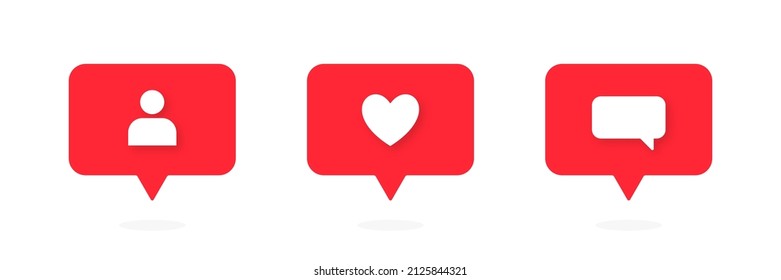 Icono de notificación en medios sociales, cuenta de "me gusta", seguidores y comentarios. Colección de iconos de notificación de medios sociales al estilo 3d. Cuenta de me gusta, seguidores y comentarios para la aplicación de medios sociales. Vector