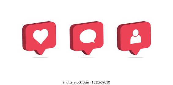 Ícone de notificação de mídia social. Siga, comente, curta o ícone. Design 3D. Ilustração vetorial