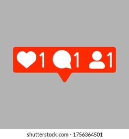 Social media notification icon. Follow, comment, like icon. Vector illustration. Grey background.
