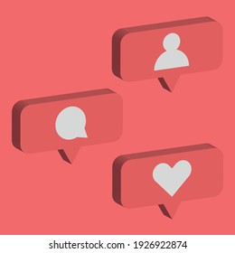 Social Media Notification Icon. Follow, Comment, Like Icon. 3d Design. Vector Illustration