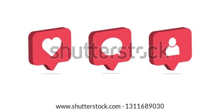 Social media notification icon. Follow, comment, like icon. 3d design. Vector illustration