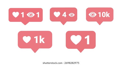 Social media notification icon set showing likes, hearts, and views. Modern flat pink design for app or web interface.