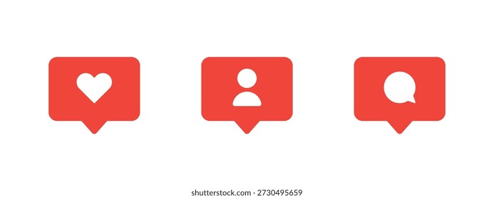 Icono de notificación de redes sociales configurado con burbujas de mensajes. Símbolos de corazón, perfil de usuario y comentario para diseño de interfaz, Elementos de UI UX, alertas y Comentarios en redes sociales y App móviles.