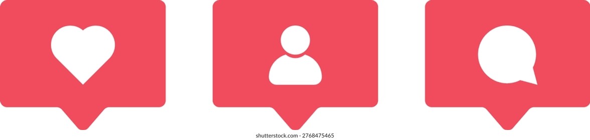 Social Media Notification Icon Set. Push notification and heart sign. Alert bell and message symbols. Digital interaction and update design
