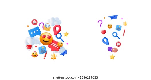 Social media notification icons and emojis floating on white background. Digital message and internet communication platform concept.