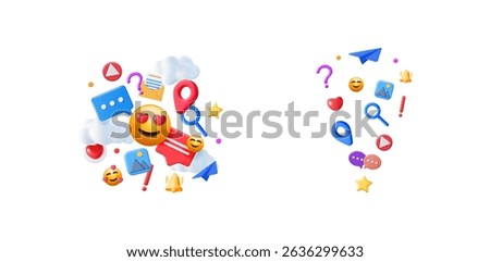 Social media notification icons and emojis floating on white background. Digital message and internet communication platform concept.