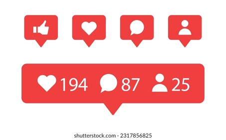 iconos de notificación de medios sociales en burbuja de voz; icono de miniaturas, como, amor, comentarios, signos de icono de seguidor - como burbujas de chat burbujas red social post reacciones conjunto de la colección. ilustración vectorial