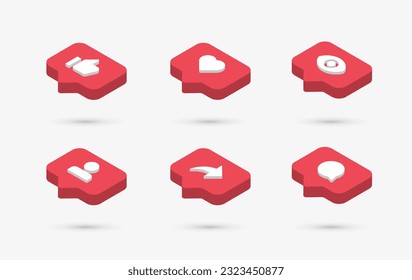 social media notification icons in speech bubble 3d thumbs up like icon, love, comment, share, follower icon signs - like chat bubbles social network post reactions collection set. vector illustration