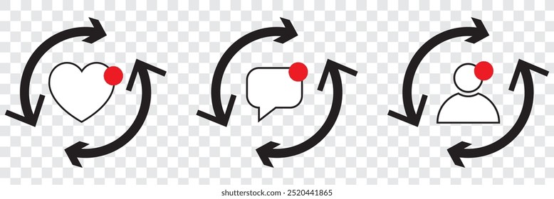 Social media notification icons in speech bubbles like love comment follower seen icon. EPS 10.